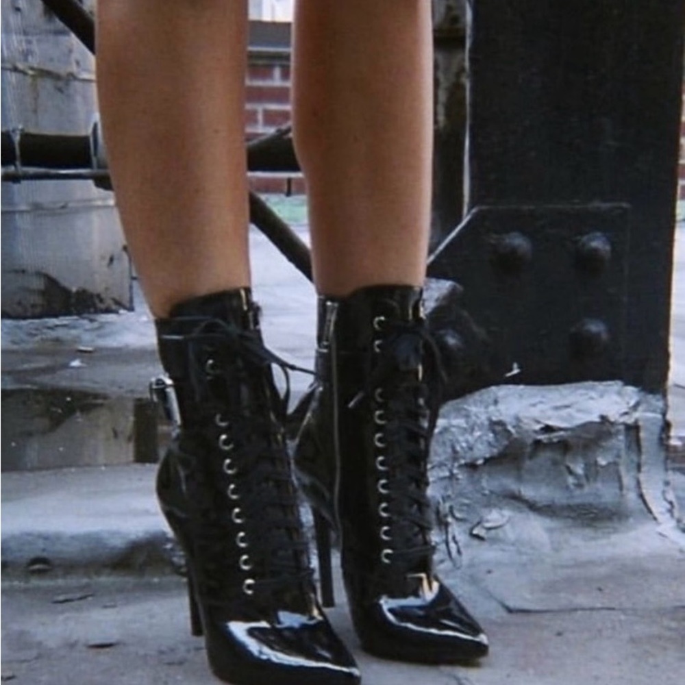 Danielle Guizio Shiny Black Lace-Up Boots